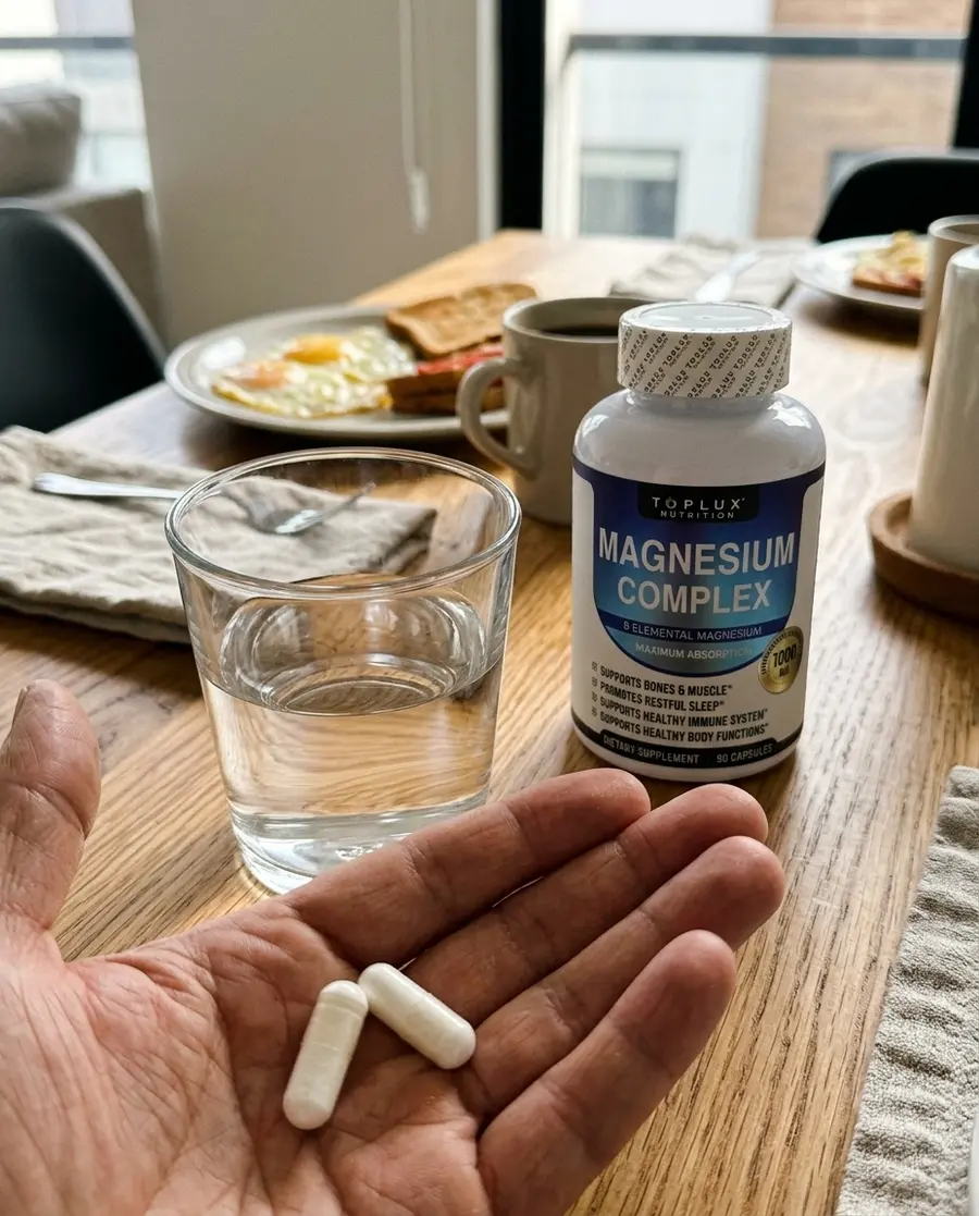 Mano con 2 cápsulas de magnesio complex y vaso de agua antes del desayuno