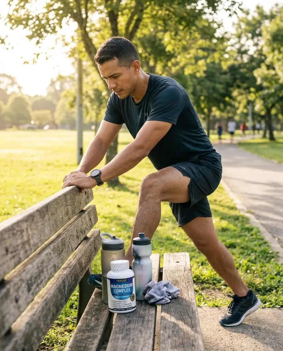 Hombre estirando después de correr: para qué sirve el magnesio complex en los músculos