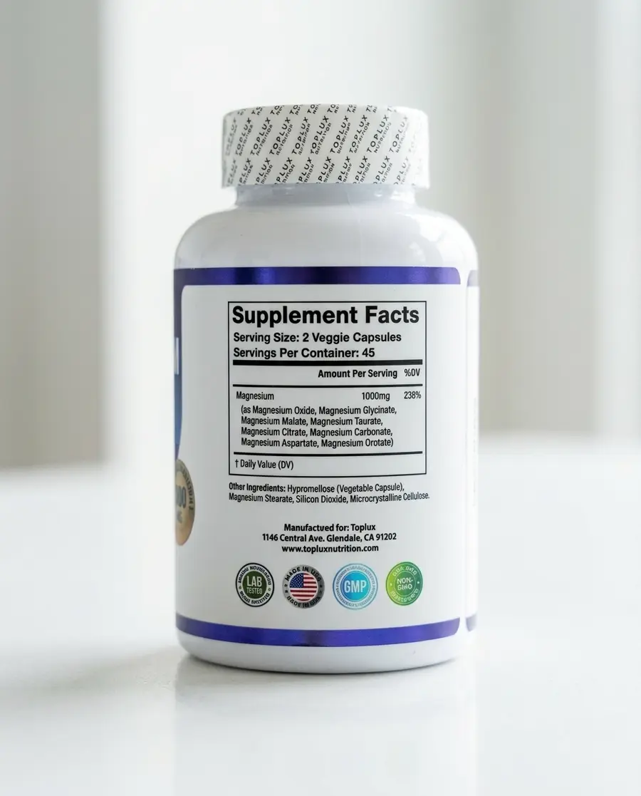 Etiqueta original de Magnesio Complex con tabla Supplement Facts y sellos de calidad
