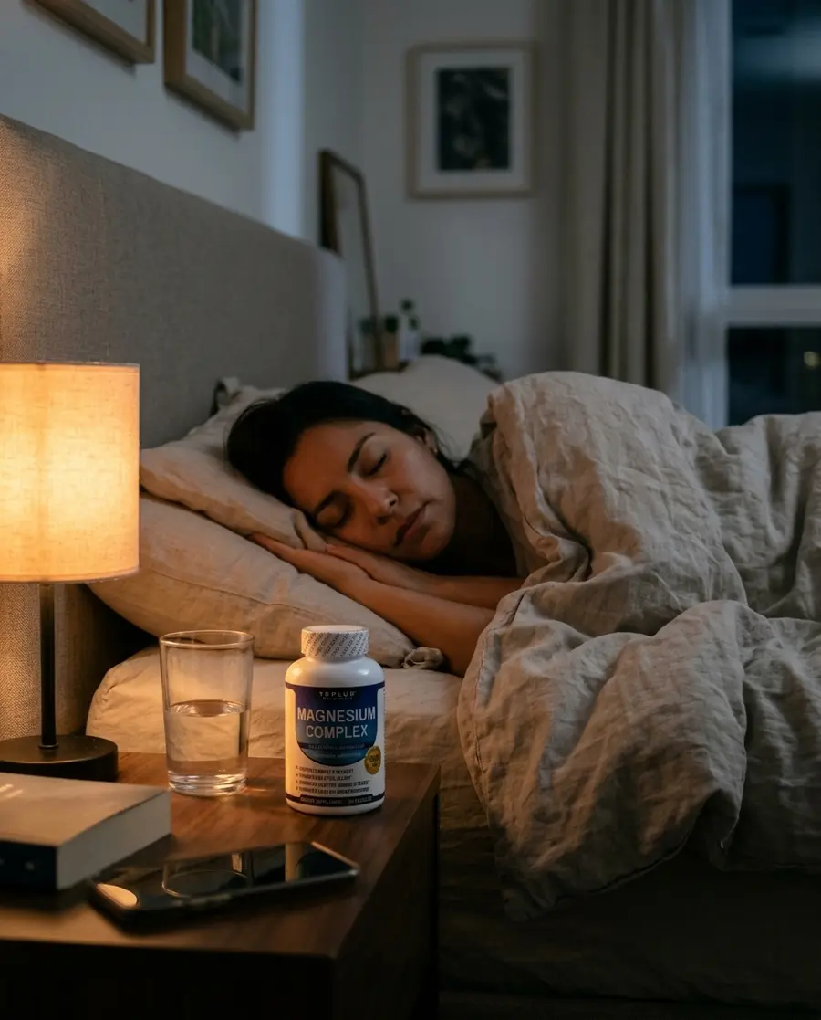 Mujer descansando de noche con magnesio complex en la mesa de noche